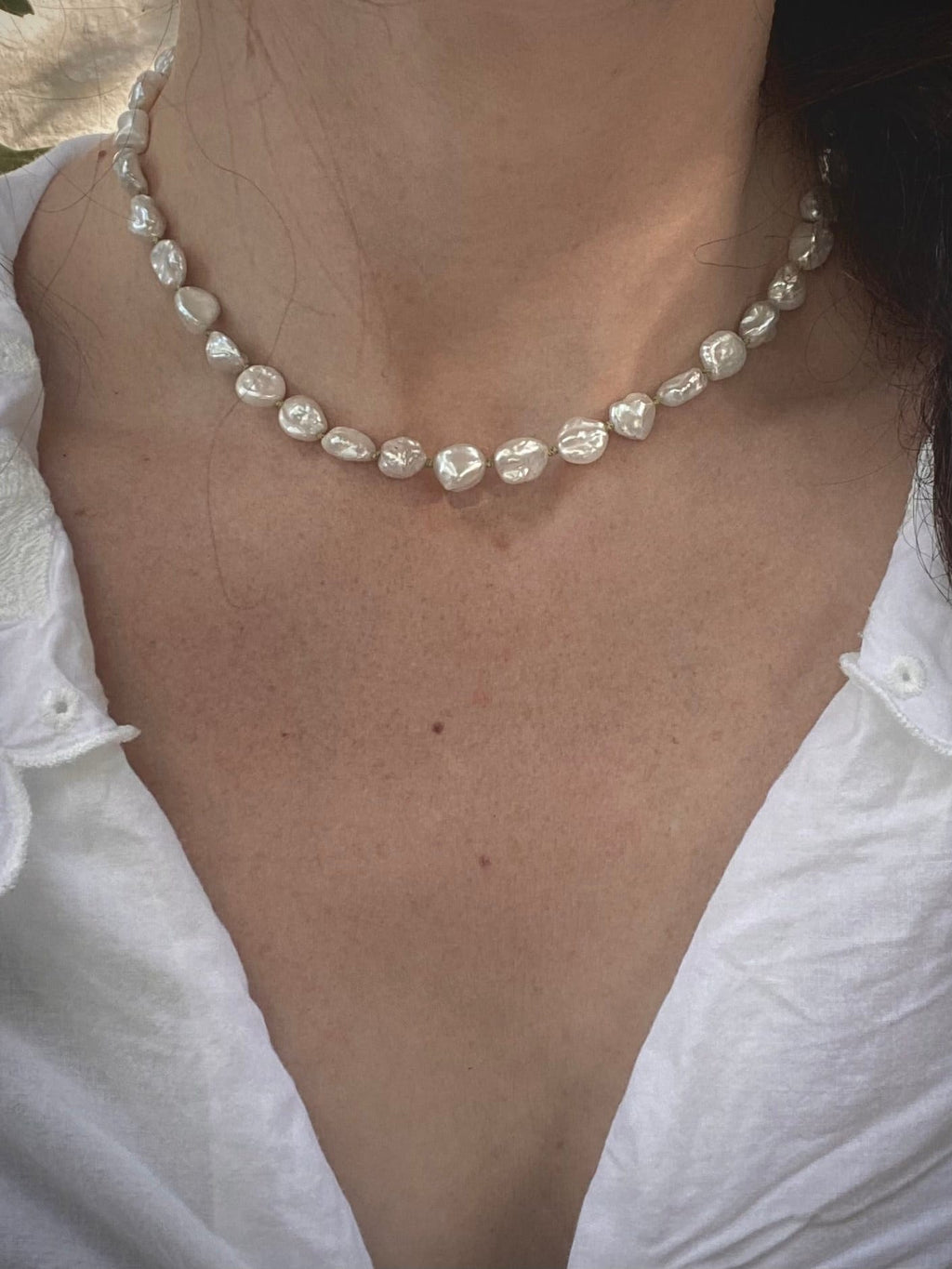 Omen #7 - Freshwater Pearl + Green Silk Thread Necklace