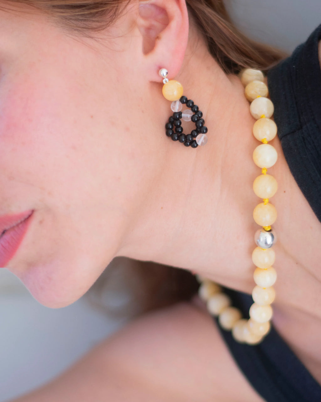 C -ET- C CIRCUIT 001 - Honey Jade / Onyx / Crystal Quartz Beaded Earrings