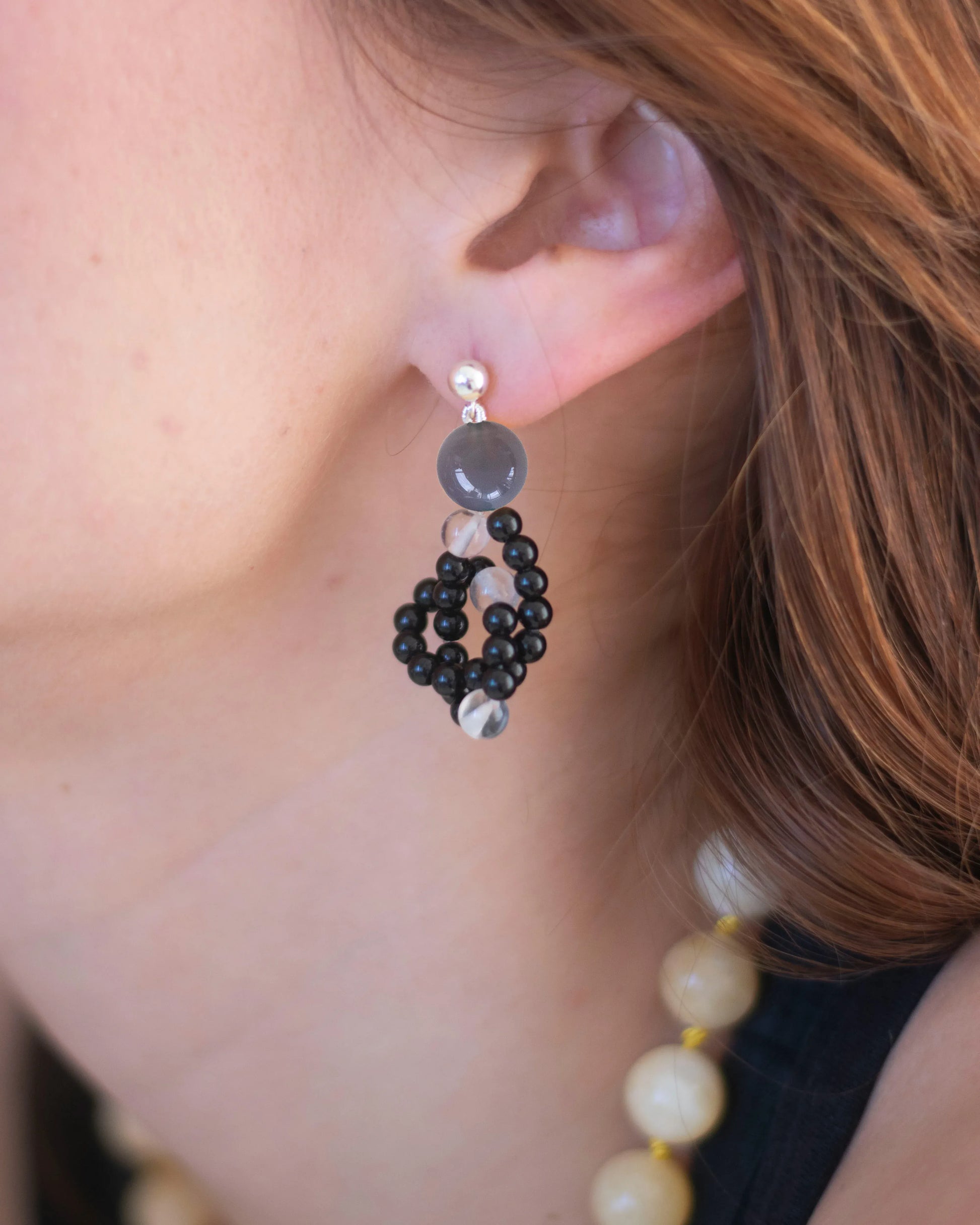 C -ET- C CIRCUIT 002 - Grey Agate / Onyx / Crystal Quartz Beaded Earrings