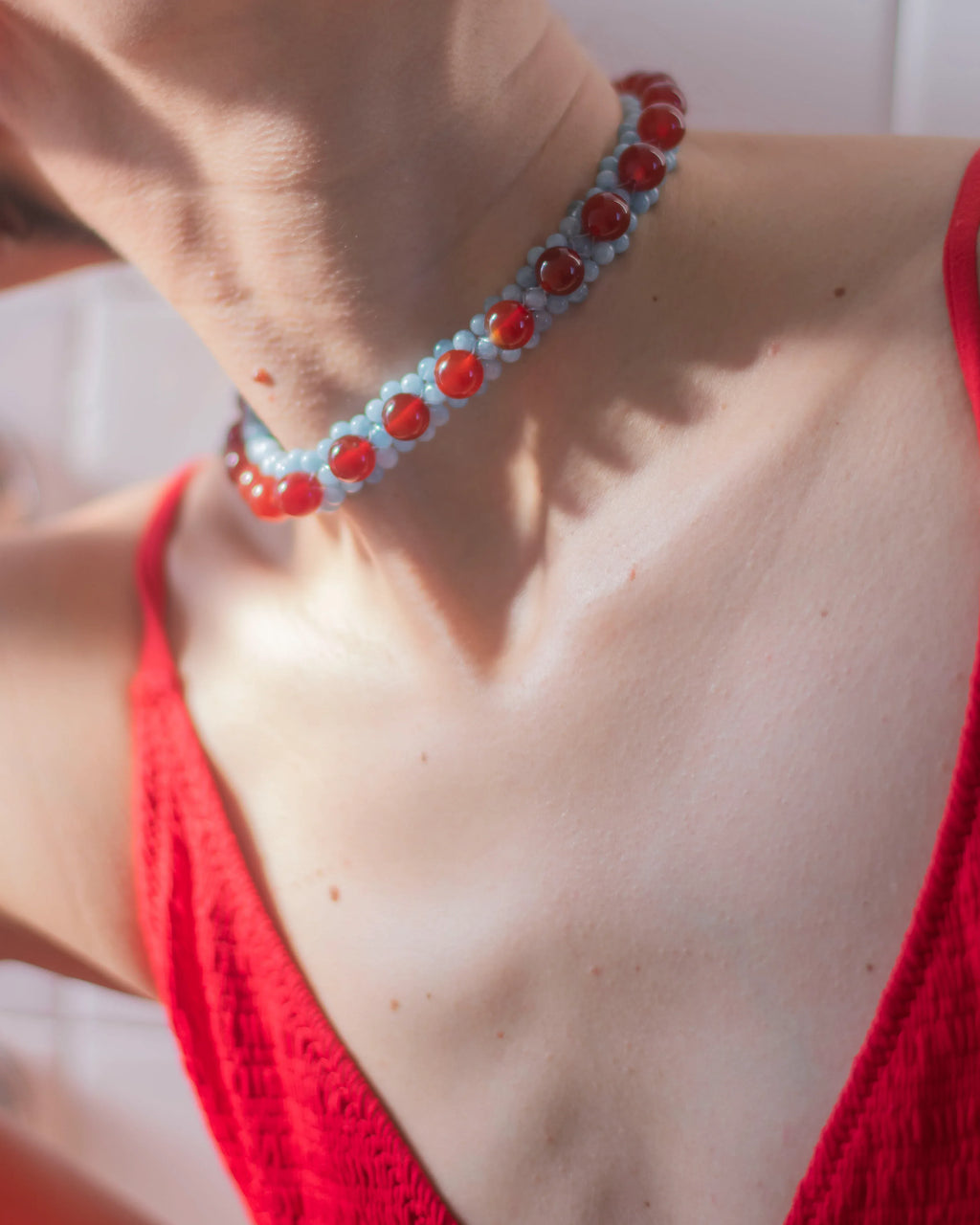 C -ET- C STRUNG D007 MINI - Carnelian / Aquamarine Necklace