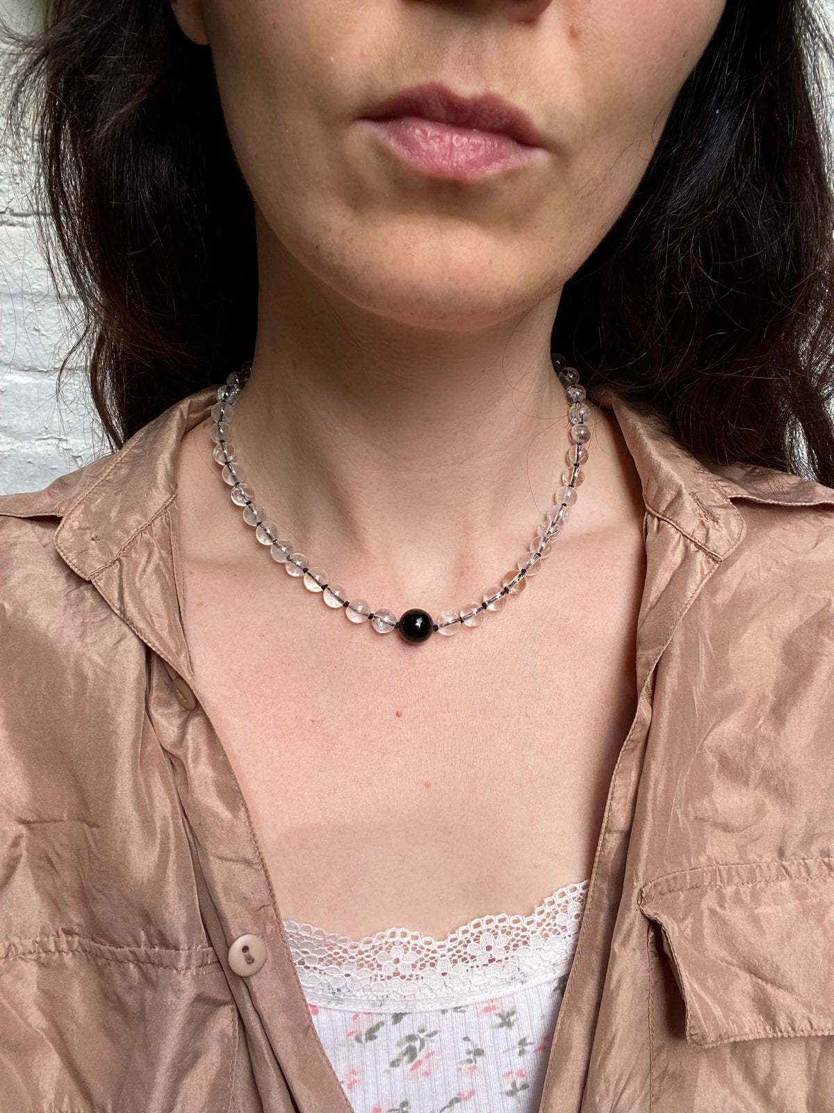 COUPER -ET- COUDRE Necklace Ovala - Crackle Quartz + Black Silk Necklace