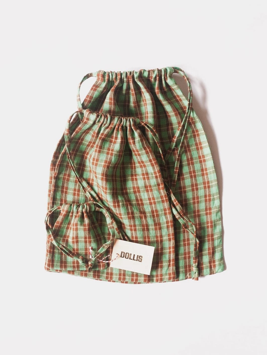 Dollis Goods HANDBAG Small, medium + large (save 20%) Green Check Drawstring Bag