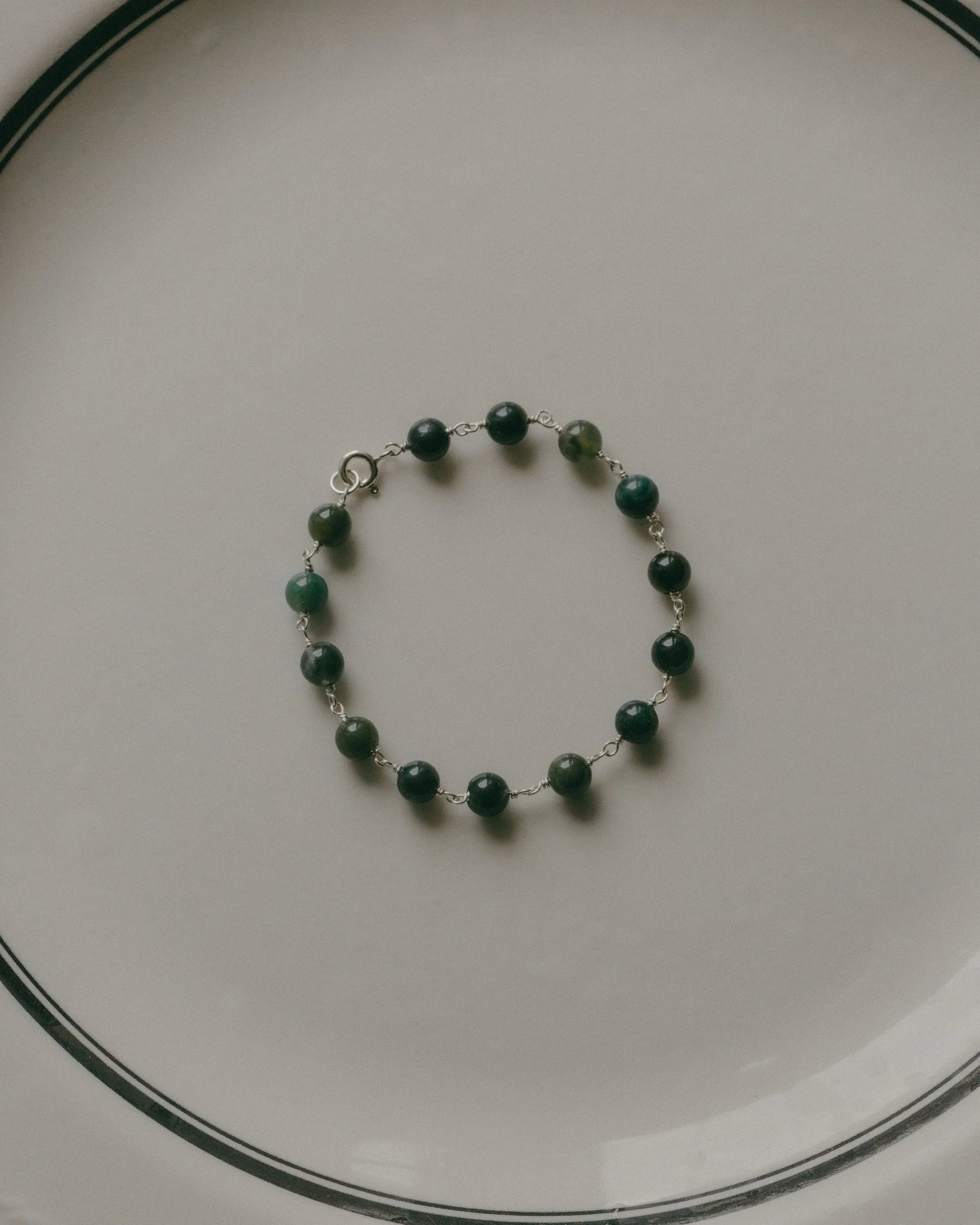 Emily Georgina Jones Jewellery Moss Agate Sterling Silver Beaded Bracelet